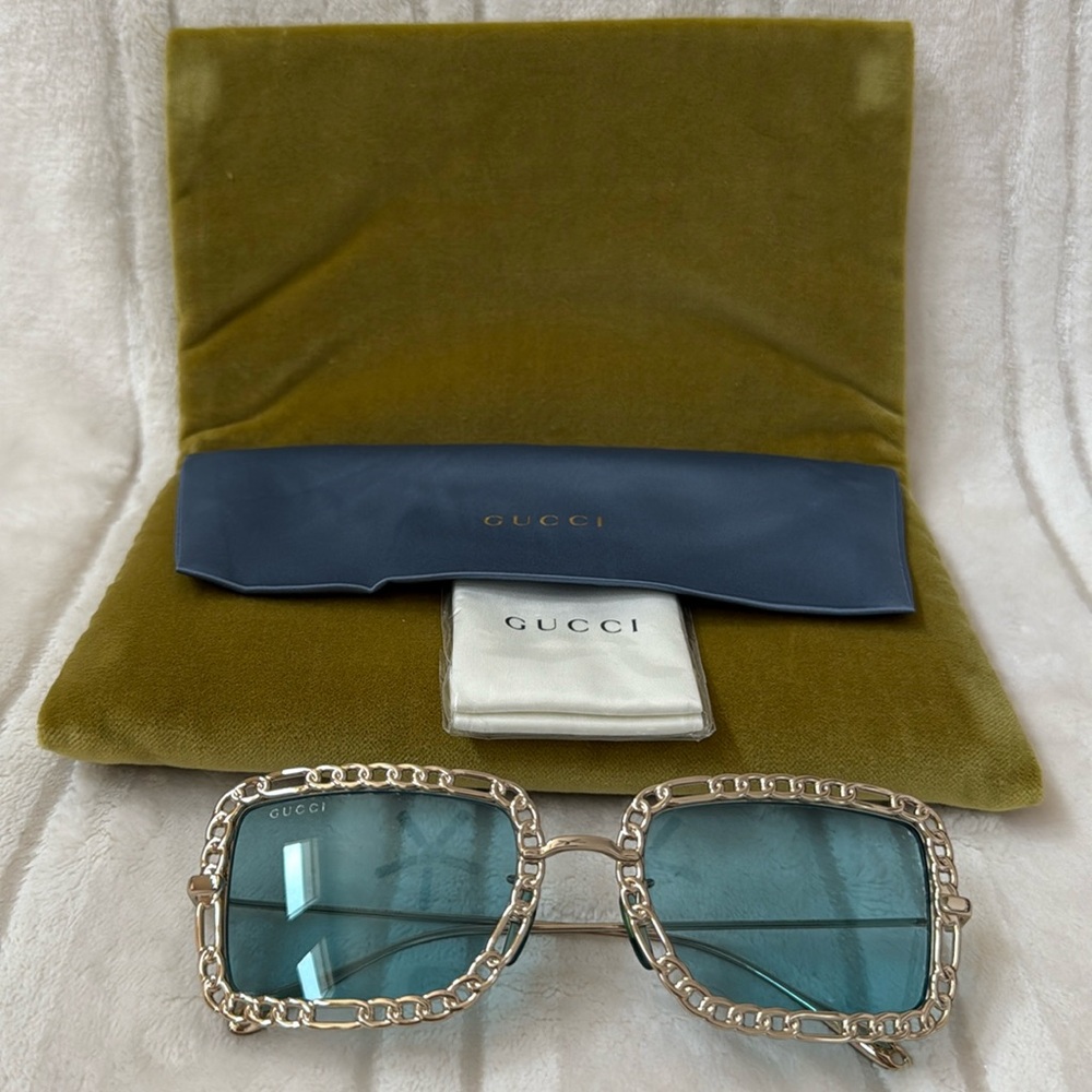 $940 GUCCI Rectangle Gold Metal Chain Frame Blue/Green Lenses Shield Sunglasses